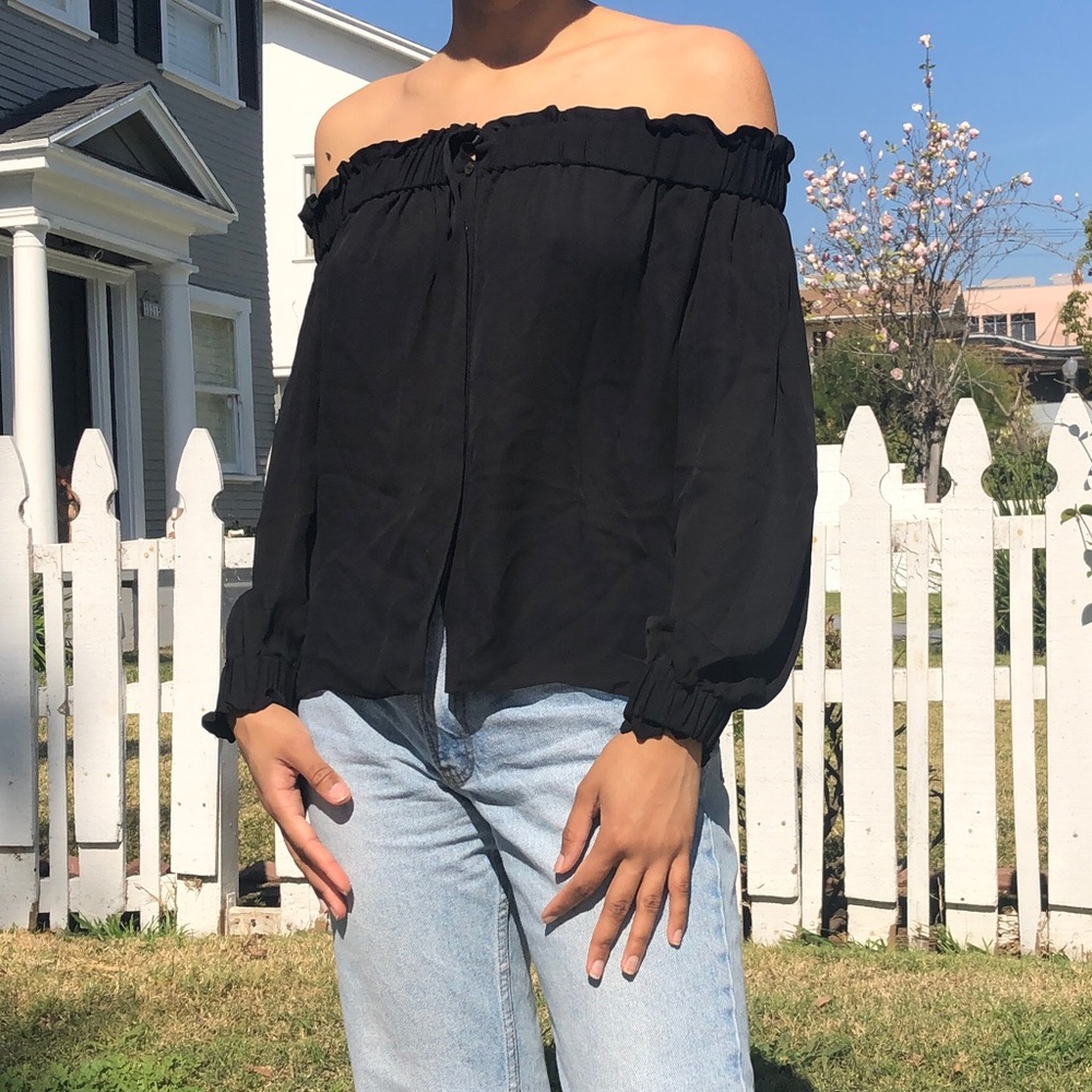 Unique Fashion Black Silk Off The Shoulder Button Down Top